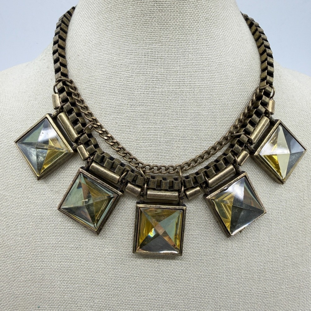 Express Statement Necklace Bronze Tone Pyramid Rhinestone Chunky Boho Festival